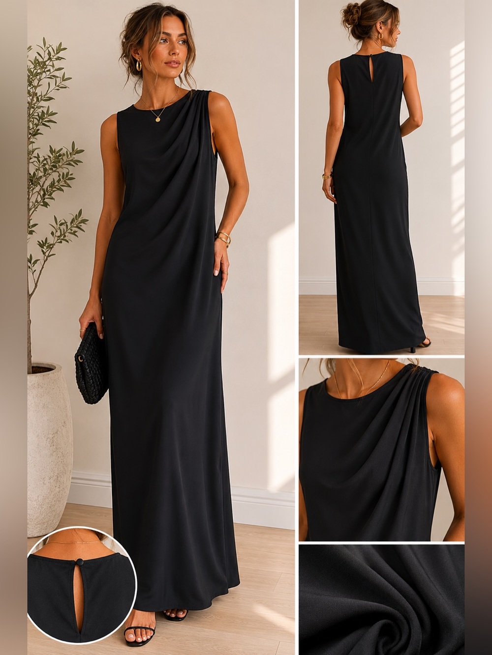 Abercrombie & Fitch Slate Black Draped Maxi Dress XL Quiet Luxury Clean Girl